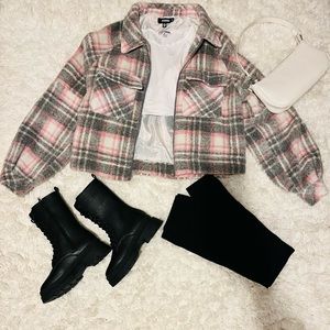 Missguided Pink Plaid Boxey Zip Shacket